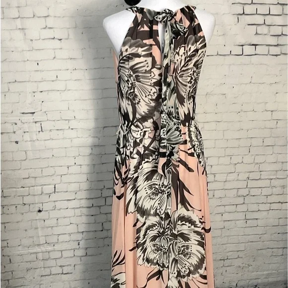 Eliza J Pink Black Floral Print Chiffon Maxi Dress Neck Tie Missing Belt - Picture 6 of 11